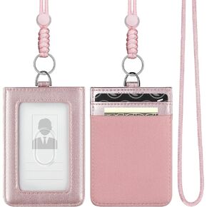 VULKIT ID Badge Holder with Lanyard for Women and Men Vertical Leather Badge Holder with Clear ID Window Card Holder Slot and Money Pocket Brown