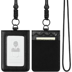 VULKIT ID Badge Holder with Lanyard for Women and Men Vertical Leather Badge Holder with Clear ID Window Card Holder Slot and Money Pocket Brown