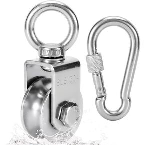 Pulley Wheel Heavy Duty Single Wheel Swivel Pulley Block Duplex Bearing 304 Stainless Steel 360 Degree Rotation Smooth Loading 500 KG for Material Handling and Moving Lifting with Carabiner
