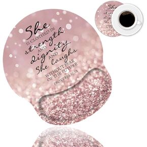 Ergonomic Mouse Pad Wrist Support and Coffee Coaster, Cute Wrist Rest Pad with Non-Slip PU Base for Home Office Working Studying Easy Typing & Pain Relief, Christian Quote Bible Verse Proverbs 31:25