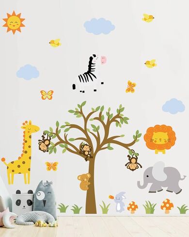 Large Forest Safari Animal Wall Decals Peel and Stick Watercolor Woodland Wall Stickers Decor for Baby Nursery Kids Room Cartoon Jungle Animals Elephant Lion Giraffe Monkey Tree Wall Stickers Décor in Kuwait