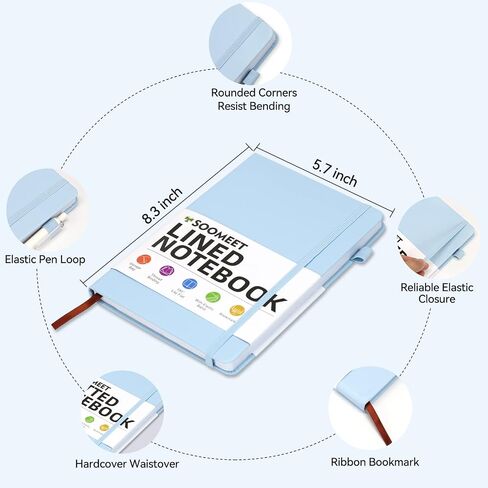 Lined Journal Notebook with Pen Loop, Hardcover Leather Notebooks for Work, 100Gsm Premium Thick Paper with Inner Pocket, Stickers, A5, 5.7 x 8.3 inches(Light Blue, Ruled) in Saudi Arabia