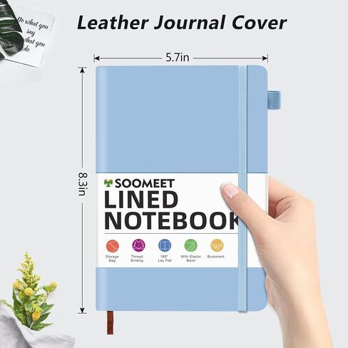 Lined Journal Notebook with Pen Loop, Hardcover Leather Notebooks for Work, 100Gsm Premium Thick Paper with Inner Pocket, Stickers, A5, 5.7 x 8.3 inches(Light Blue, Ruled) in Saudi Arabia