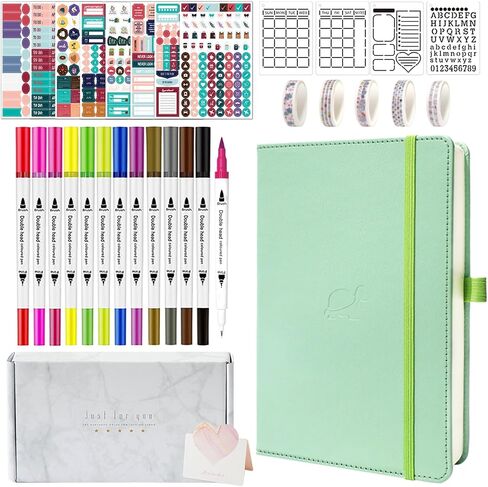 Y&I Bullet Dotted Journal Kit, A5 Hardcover Dotted Journal Notebook with 184 Numbered Pages, 120GSM Thick Paper, Stencils Stickers Pens Washi Tapes, Dotted Journaling Kit for Beginners (Brown) in Saudi Arabia