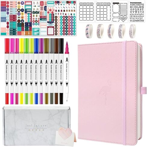 Y&I Bullet Dotted Journal Kit, A5 Hardcover Dotted Journal Notebook with 184 Numbered Pages, 120GSM Thick Paper, Stencils Stickers Pens Washi Tapes, Dotted Journaling Kit for Beginners (Brown) in Saudi Arabia