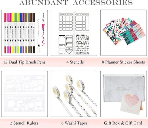 Y&I Bullet Dotted Journal Kit, A5 Hardcover Dotted Journal Notebook with 184 Numbered Pages, 120GSM Thick Paper, Stencils Stickers Pens Washi Tapes, Dotted Journaling Kit for Beginners (Brown) in Saudi Arabia