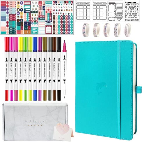 Y&I Bullet Dotted Journal Kit, A5 Hardcover Dotted Journal Notebook with 184 Numbered Pages, 120GSM Thick Paper, Stencils Stickers Pens Washi Tapes, Dotted Journaling Kit for Beginners (Brown) in Saudi Arabia