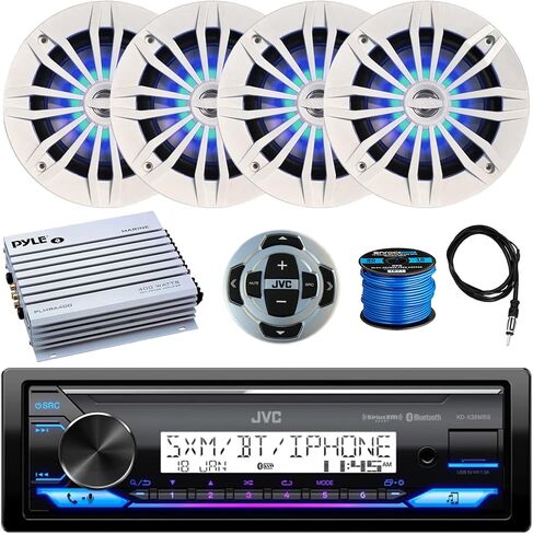 JVC Single DIN Marine Bluetooth USB/AUX مستقبل وسائط رقمية ستيريو مع جهاز تحكم سلكي، 4x Enrock 6.5 بوصة 180 وات مكبرات صوت للقارب الأبيض مع مصابيح LED زرقاء وامضة، مضخم صوت 4 قنوات، هوائي، سلك مكبر الصوت in Saudi Arabia