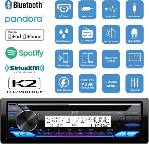 JVC Single DIN Marine Bluetooth USB/AUX مستقبل وسائط رقمية ستيريو مع جهاز تحكم سلكي، 4x Enrock 6.5 بوصة 180 وات مكبرات صوت للقارب الأبيض مع مصابيح LED زرقاء وامضة، مضخم صوت 4 قنوات، هوائي، سلك مكبر الصوت in Saudi Arabia