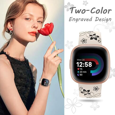 أحزمة منقوشة بالزهور من OHOTLOVE متوافقة مع أحزمة Fitbit Sense/Fitbit Versa 3 نطاقات للنساء/Fitbit Versa 4 نطاقات/Sense 2، أساور معصم بديلة لحزام الساعة الرياضية الناعمة اللطيفة ذات اللونين. in Kuwait