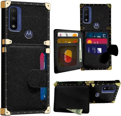 for Moto G Pure/Moto G Power 2022 Case, Wallet Case with Card Holder, PU Leather Card Slot Holder Kickstand Case, with Square Rivet Shockproof Protective Phone Case (Black) in Saudi Arabia