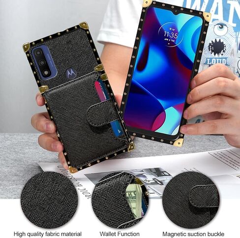 for Moto G Pure/Moto G Power 2022 Case, Wallet Case with Card Holder, PU Leather Card Slot Holder Kickstand Case, with Square Rivet Shockproof Protective Phone Case (Black) in Saudi Arabia