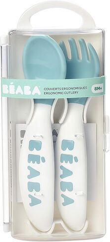 BEABA Second Stage Ergonomic Baby Cutlery, Spoon & Fork with Travel Case, Peacock in Saudi Arabia