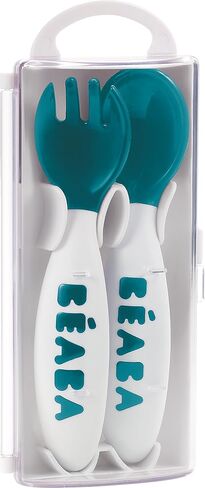 BEABA Second Stage Ergonomic Baby Cutlery, Spoon & Fork with Travel Case, Peacock in Saudi Arabia