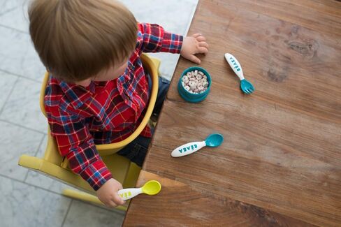 BEABA Second Stage Ergonomic Baby Cutlery, Spoon & Fork with Travel Case, Peacock in Saudi Arabia