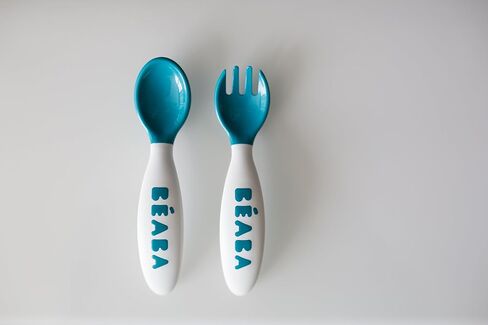 BEABA Second Stage Ergonomic Baby Cutlery, Spoon & Fork with Travel Case, Peacock in Saudi Arabia