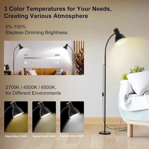 Floor Lamp, Adjustable Floor Lamp with Gooseneck, Heavy Metal Based, Reading Pole Floor Lamp for Living Room Office Bedroom Nurser, Small Black Floor Lamps for Reading, Working(LED Bulb Included) in Saudi Arabia