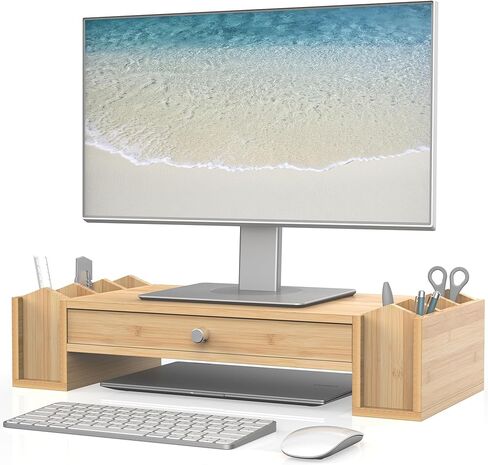 حامل شاشة مع درج وحامل أقلام، منظم مكتب مع مساحة تخزين للكمبيوتر المحمول iMac، Natural Banboo in Kuwait