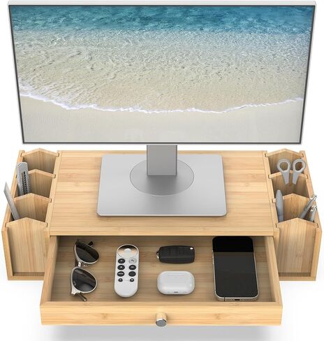 حامل شاشة مع درج وحامل أقلام، منظم مكتب مع مساحة تخزين للكمبيوتر المحمول iMac، Natural Banboo in Kuwait