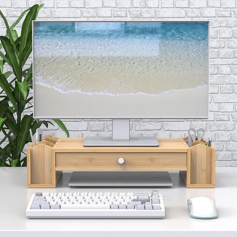 حامل شاشة مع درج وحامل أقلام، منظم مكتب مع مساحة تخزين للكمبيوتر المحمول iMac، Natural Banboo in Kuwait