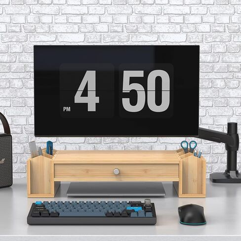 حامل شاشة مع درج وحامل أقلام، منظم مكتب مع مساحة تخزين للكمبيوتر المحمول iMac، Natural Banboo in Kuwait