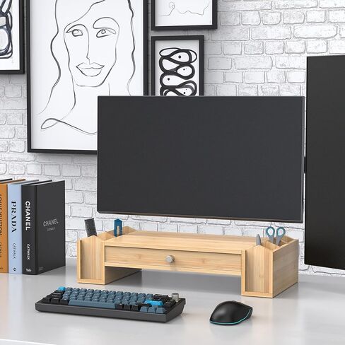 حامل شاشة مع درج وحامل أقلام، منظم مكتب مع مساحة تخزين للكمبيوتر المحمول iMac، Natural Banboo in Kuwait