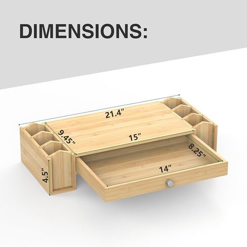 حامل شاشة مع درج وحامل أقلام، منظم مكتب مع مساحة تخزين للكمبيوتر المحمول iMac، Natural Banboo in Kuwait