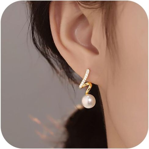 S925 Sterling Silver 14K Gold Plated Tassel Pearl Dangle Earrings to Women Temperament Exquisite Shiny Zircon Earrings for Wedding Birthday Gift for Women Girls in Kuwait