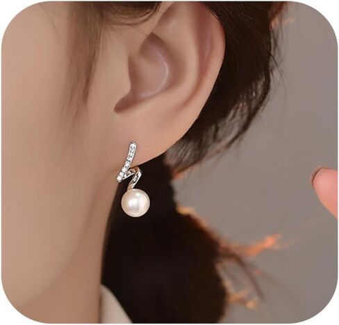S925 Sterling Silver 14K Gold Plated Tassel Pearl Dangle Earrings to Women Temperament Exquisite Shiny Zircon Earrings for Wedding Birthday Gift for Women Girls in Kuwait