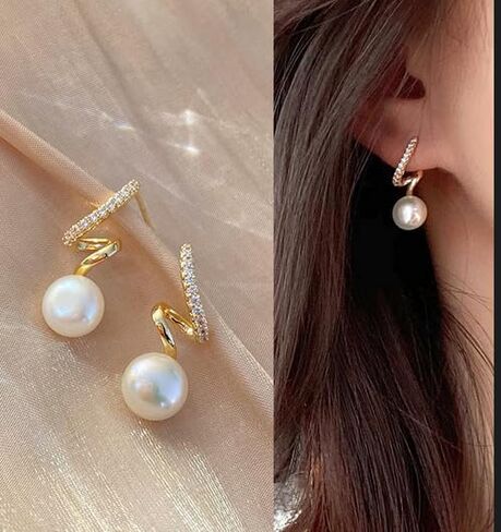 S925 Sterling Silver 14K Gold Plated Tassel Pearl Dangle Earrings to Women Temperament Exquisite Shiny Zircon Earrings for Wedding Birthday Gift for Women Girls in Kuwait