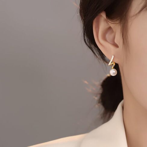 S925 Sterling Silver 14K Gold Plated Tassel Pearl Dangle Earrings to Women Temperament Exquisite Shiny Zircon Earrings for Wedding Birthday Gift for Women Girls in Kuwait