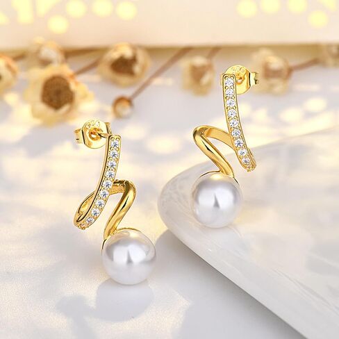 S925 Sterling Silver 14K Gold Plated Tassel Pearl Dangle Earrings to Women Temperament Exquisite Shiny Zircon Earrings for Wedding Birthday Gift for Women Girls in Kuwait