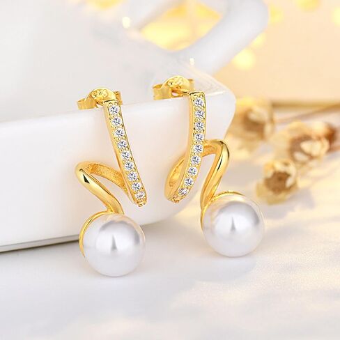S925 Sterling Silver 14K Gold Plated Tassel Pearl Dangle Earrings to Women Temperament Exquisite Shiny Zircon Earrings for Wedding Birthday Gift for Women Girls in Kuwait