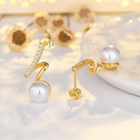 S925 Sterling Silver 14K Gold Plated Tassel Pearl Dangle Earrings to Women Temperament Exquisite Shiny Zircon Earrings for Wedding Birthday Gift for Women Girls in Kuwait