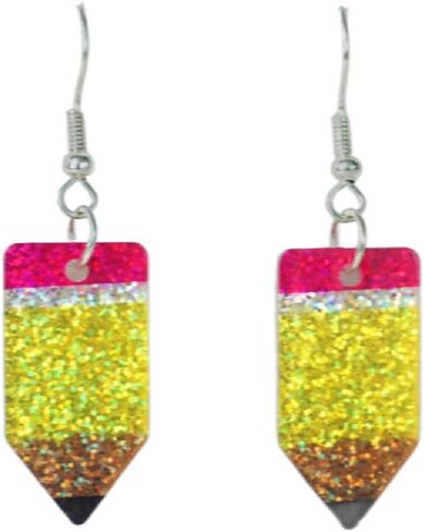 Teacher's Day Earrings Funny Pencil School Bus Apple Heart Wooden Dangle Earrings Shinning Giltter First Day of School Acrylic Drop Earrings for Women Back to School Jewelry Gifts in Saudi Arabia
