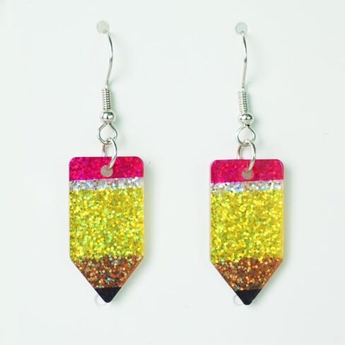 Teacher's Day Earrings Funny Pencil School Bus Apple Heart Wooden Dangle Earrings Shinning Giltter First Day of School Acrylic Drop Earrings for Women Back to School Jewelry Gifts in Saudi Arabia