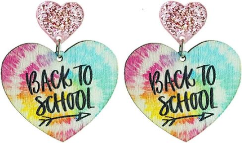 Teacher's Day Earrings Funny Pencil School Bus Apple Heart Wooden Dangle Earrings Shinning Giltter First Day of School Acrylic Drop Earrings for Women Back to School Jewelry Gifts in Saudi Arabia