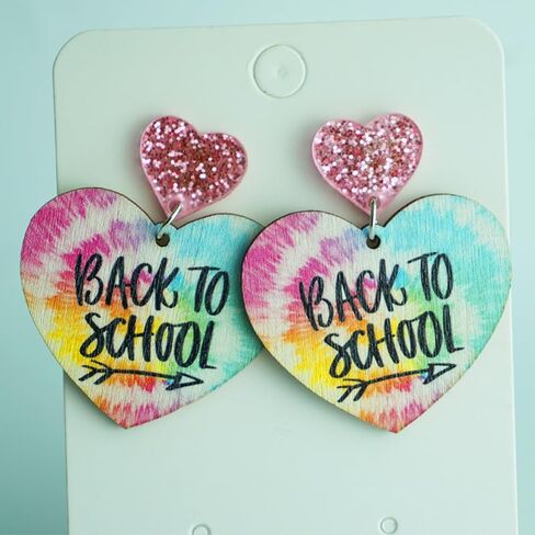 Teacher's Day Earrings Funny Pencil School Bus Apple Heart Wooden Dangle Earrings Shinning Giltter First Day of School Acrylic Drop Earrings for Women Back to School Jewelry Gifts in Saudi Arabia