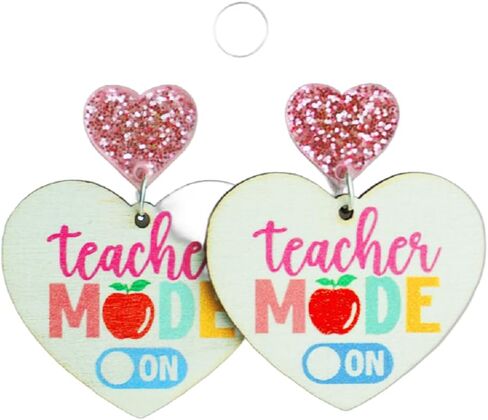 Teacher's Day Earrings Funny Pencil School Bus Apple Heart Wooden Dangle Earrings Shinning Giltter First Day of School Acrylic Drop Earrings for Women Back to School Jewelry Gifts in Saudi Arabia