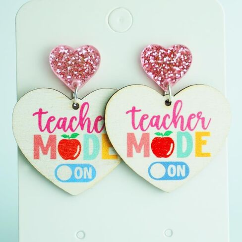 Teacher's Day Earrings Funny Pencil School Bus Apple Heart Wooden Dangle Earrings Shinning Giltter First Day of School Acrylic Drop Earrings for Women Back to School Jewelry Gifts in Saudi Arabia
