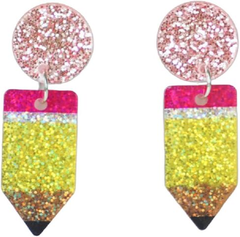 Teacher's Day Earrings Funny Pencil School Bus Apple Heart Wooden Dangle Earrings Shinning Giltter First Day of School Acrylic Drop Earrings for Women Back to School Jewelry Gifts in Saudi Arabia