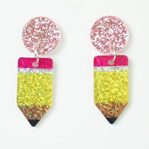Teacher's Day Earrings Funny Pencil School Bus Apple Heart Wooden Dangle Earrings Shinning Giltter First Day of School Acrylic Drop Earrings for Women Back to School Jewelry Gifts in Saudi Arabia