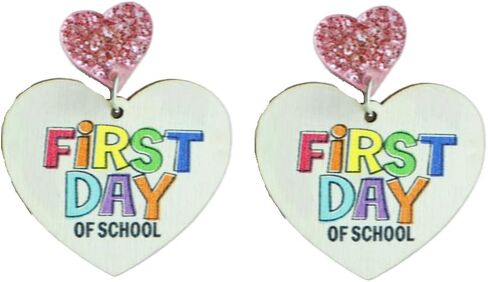 Teacher's Day Earrings Funny Pencil School Bus Apple Heart Wooden Dangle Earrings Shinning Giltter First Day of School Acrylic Drop Earrings for Women Back to School Jewelry Gifts in Saudi Arabia