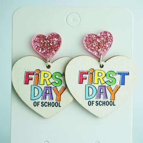 Teacher's Day Earrings Funny Pencil School Bus Apple Heart Wooden Dangle Earrings Shinning Giltter First Day of School Acrylic Drop Earrings for Women Back to School Jewelry Gifts in Saudi Arabia