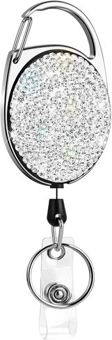 SAVORI Retractable Badge Holder with Belt Clip Key Ring Bling Rhinestones ID Card Badge Reel 24 inches Cord for Nurse Student Teacher (Oval Pink) in Kuwait