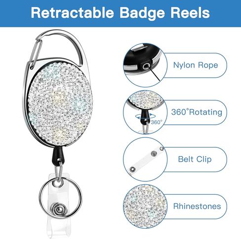 SAVORI Retractable Badge Holder with Belt Clip Key Ring Bling Rhinestones ID Card Badge Reel 24 inches Cord for Nurse Student Teacher (Oval Pink) in Kuwait