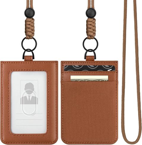VULKIT ID Badge Holder with Lanyard for Women and Men Vertical Leather Badge Holder with Clear ID Window Card Holder Slot and Money Pocket Brown in Saudi Arabia
