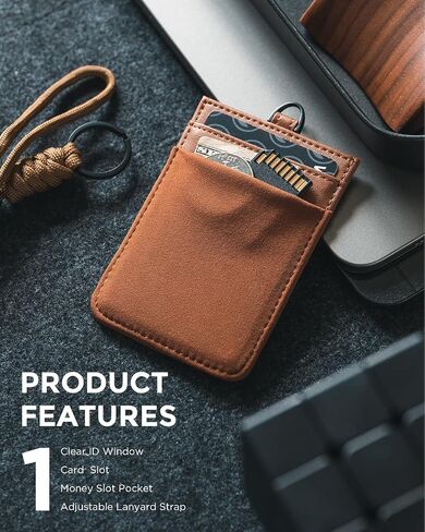 VULKIT ID Badge Holder with Lanyard for Women and Men Vertical Leather Badge Holder with Clear ID Window Card Holder Slot and Money Pocket Brown in Saudi Arabia