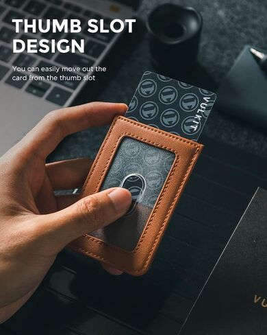 VULKIT ID Badge Holder with Lanyard for Women and Men Vertical Leather Badge Holder with Clear ID Window Card Holder Slot and Money Pocket Brown in Saudi Arabia