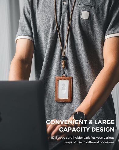 VULKIT ID Badge Holder with Lanyard for Women and Men Vertical Leather Badge Holder with Clear ID Window Card Holder Slot and Money Pocket Brown in Saudi Arabia